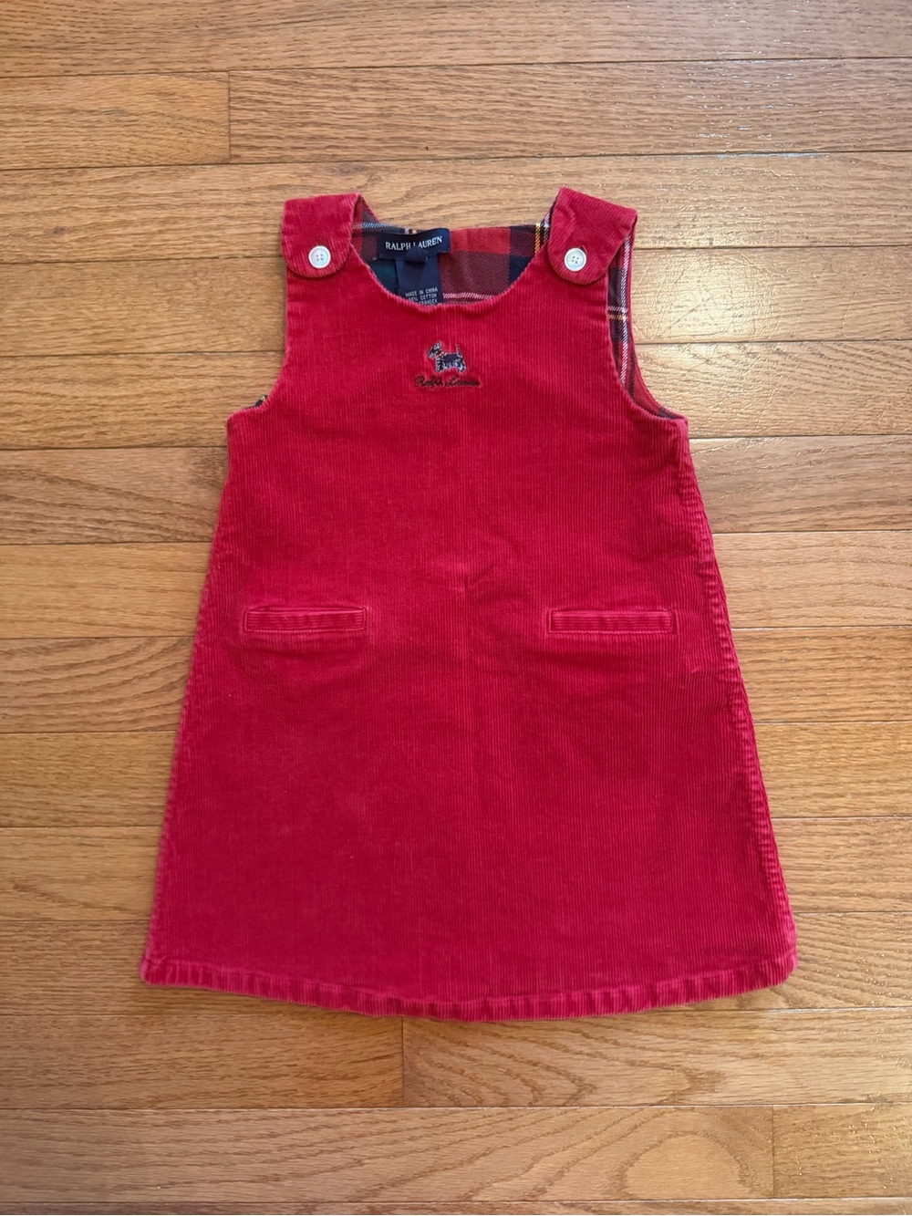 Vintage Ralph Lauren Toddler Girl Red Corduroy Scottish Terrier Pinafore Dress